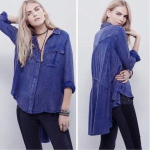 Free People Oversized Waffle Button Down Tunic Top XS Blue - One Of The Guys